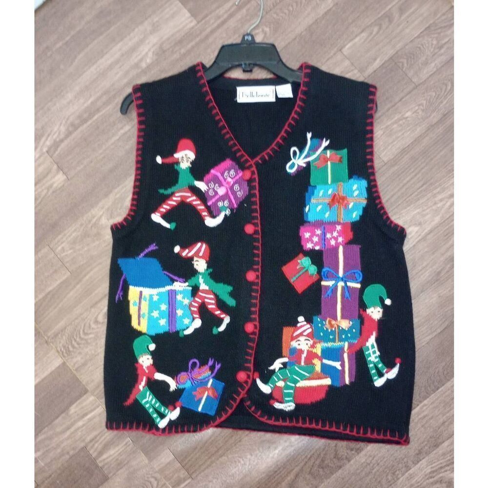 Christmas sweater. Vest , cardigan. Belle pointe elves. Size Large